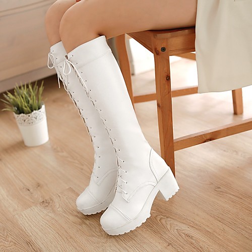 

Women's Boots Block Heel Boots Riding Boots Cuban Heel Round Toe Knee High Boots Daily Walking Shoes PU Lace-up Solid Colored White Black