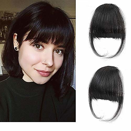 

clip in air bangs remy human hair extensions one piece front neat air fringe hand tied straight flat bangs clip on hairpiece for women & #40;thick natural& #41;