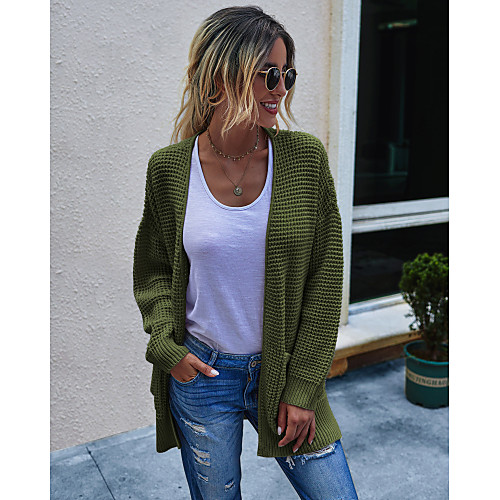 

Women's Basic Knitted Solid Color Plain Cardigan Acrylic Fibers Long Sleeve Loose Sweater Cardigans Open Front Fall Winter Black Army Green Beige