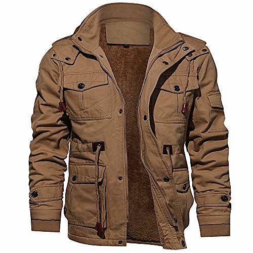 

men's jacket casual military jacket men outerwear fleece hooded winter coat with multi pockets khaki xxl