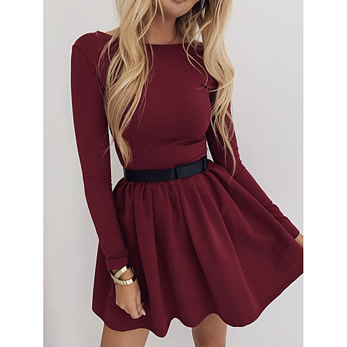 

Women's A Line Dress Short Mini Dress Black Blue Wine Long Sleeve Solid Color Ruched Summer Round Neck Hot Casual 2021 S M L XL