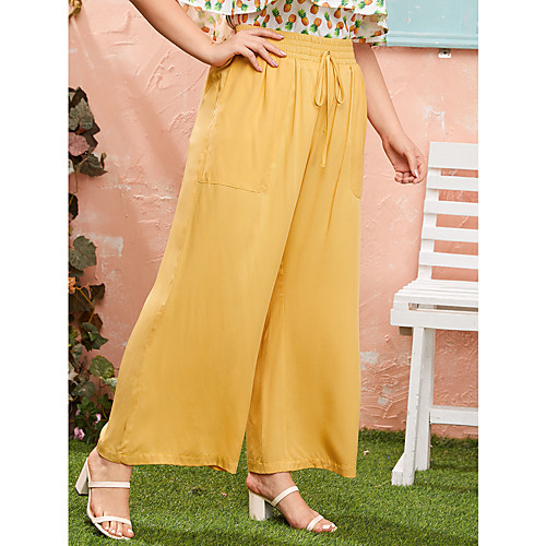 

Women's Basic Comfort Plus Size Loose Daily Wide Leg Pants Solid Colored Full Length Drawstring High Waist Yellow