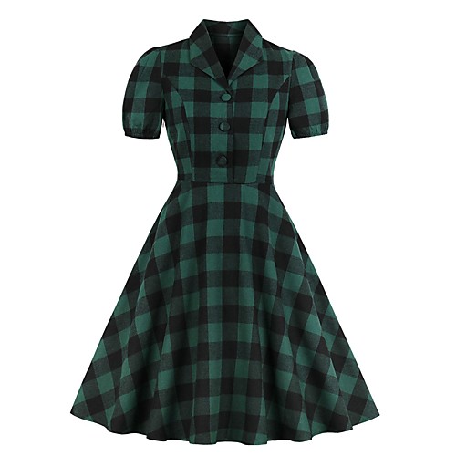

Women's A Line Dress Knee Length Dress Green Short Sleeve Plaid Patchwork Print Summer Shirt Collar Hot Elegant Vintage Cotton 2021 XL XXL 3XL 4XL