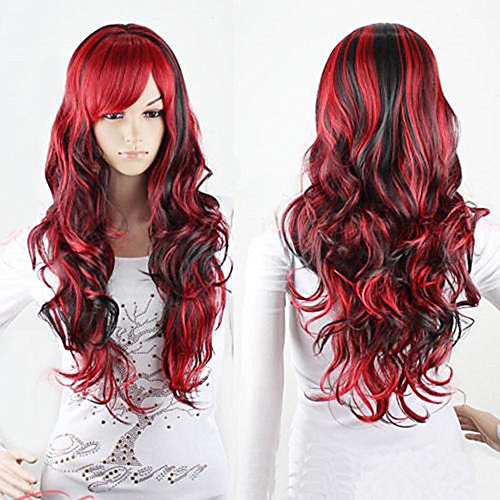 

anime cosplay wigs red and black for women long curly hair wigs lolita style wigs (redblack)