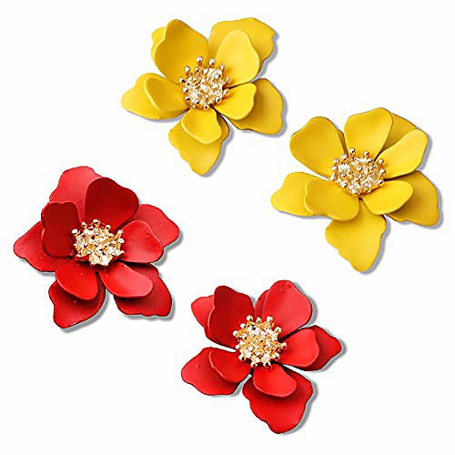 

2 pairs chic boho matte flower statement stud earrings set with gold flower bud for women sister mom lover and friends (redbrilliant yellow)