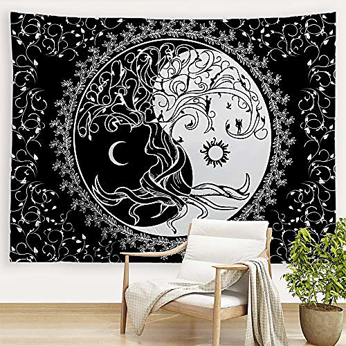 

trippy sun and moon tapestries bohemian hippie black and white tapestry psychedelic yin yang wall art tree of life wall hanging blanket bedspread table cloth for bedroom dorm 80 w x 60l