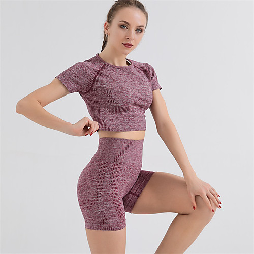 

Women's 2pcs Tracksuit Yoga Suit Cropped Solid Color Emerald Green Black Purple Nylon Yoga Fitness Gym Workout Clothing Suit Short Sleeve Sport Activewear Tummy Control Butt Lift Stretchy Slim