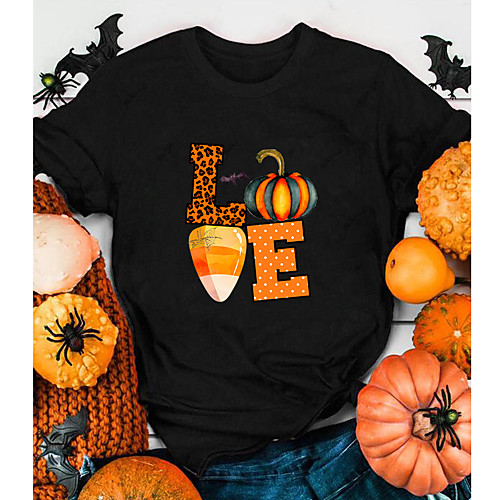 

Women's Halloween T-shirt Graphic Prints Letter Pumpkin Print Round Neck Tops 100% Cotton Basic Halloween Basic Top White Black Purple