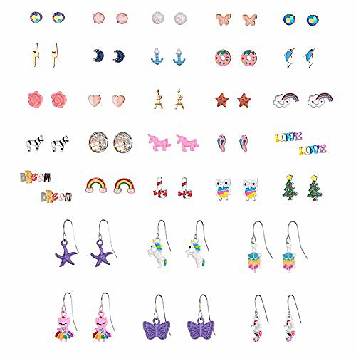 

31 pairs hypoallergenic earrings for girls kids, girls christmas stud earrings, animal earring sets colorful rainbow unicorn earring for little girls