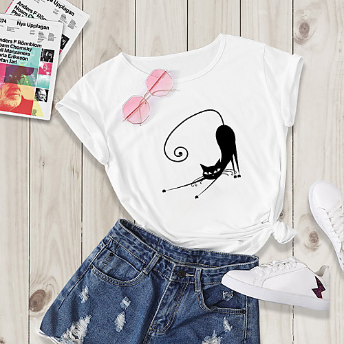 

Women's Going out T-shirt Cat Print Round Neck Tops Basic Basic Top White