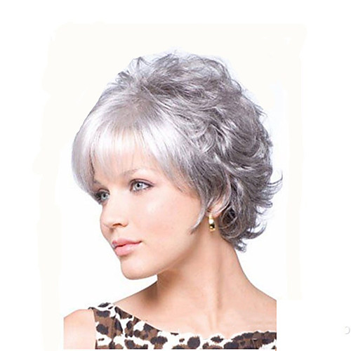 

Synthetic Wig Curly With Bangs Wig Short Silver grey Synthetic Hair Women's Fashionable Design Exquisite Fluffy Silver