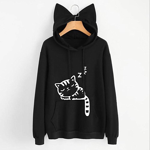 

Women's Pullover Hoodie Sweatshirt Cat Front Pocket Daily Basic Hoodies Sweatshirts Loose Black Blushing Pink Wine