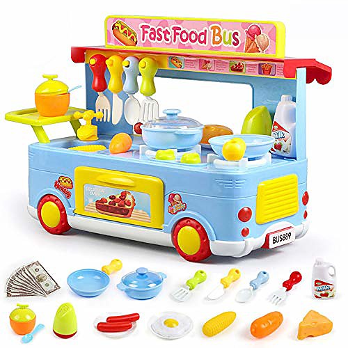 

kitchen playset 29 pieces cooking toys, analog stoves and pans pot utensils pretend play food bus set for kids preschool and toddlers (blue)