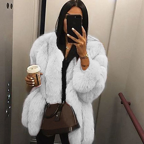 

Women's V Neck Faux Fur Coat Regular Solid Colored Daily White Black Blushing Pink Light gray S M L XL