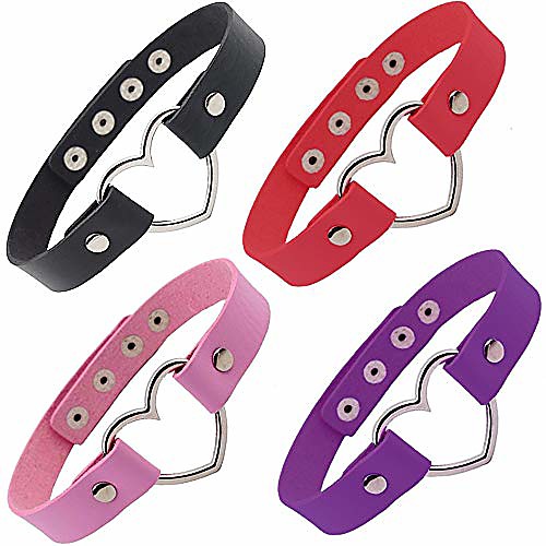 

4 pack adjustable leather choker punk love heart pu necklace goth choker soft collar chain for women girls, black purple pink red