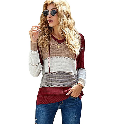 

Women's Hollow Out Knitted Rainbow Pullover Long Sleeve Sweater Cardigans V Neck Fall Winter Wine Khaki Gray