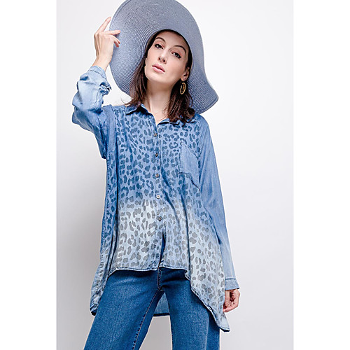 

Women's Plus Size Blouse Denim Shirt Shirt Color Gradient Leopard Cheetah Print Long Sleeve Patchwork Shirt Collar Tops 100% Cotton Elegant Basic Top Blue