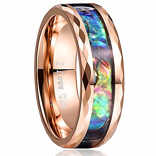 

8mm shell inlay wedding bands rose gold faceted edges promise rings high polished size 10