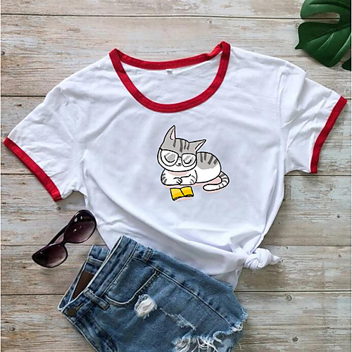 

Women's T shirt Cat Print Round Neck Tops 100% Cotton Basic Basic Top White Purple Red