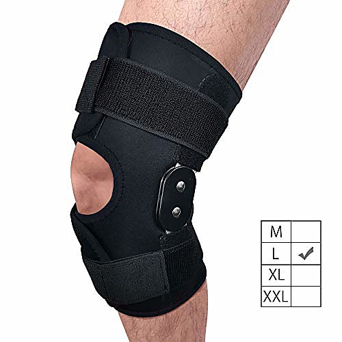

hinged knee brace, 4 available sizes adjustable compression wrap for men & women, knee support for acl, tendon, ligament & meniscus tear injuries, sports in gym basketball running hiking (l)
