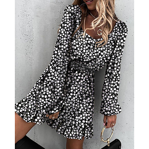 

Women's Swing Dress Short Mini Dress Black Blue Beige Long Sleeve Print Ruched Print Fall Square Neck Hot Casual Puff Sleeve 2021 S M L XL XXL