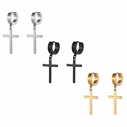 

cross earrings for men, 3 pair stainless steel. cross earring for women, black, silver, gold, korean style dangle hoop earrings with cross for unisex (3 colors (3 pair))