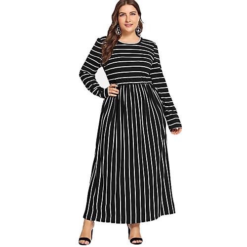 

Women's A Line Dress Maxi long Dress Black Long Sleeve Striped Patchwork Print Fall Round Neck Work 2021 3XL 4XL 5XL 6XL / Plus Size
