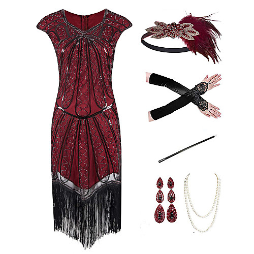

The Great Gatsby 1920s Vintage Vacation Dress Flapper Dress Outfits Masquerade Prom Dress Women's Tassel Fringe Costume Red Vintage Cosplay Party Prom / Gloves / Headwear / Necklace / Earrings
