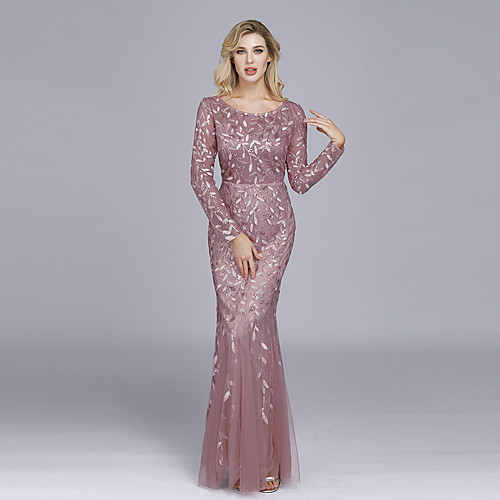 

Mermaid / Trumpet Empire Elegant Party Wear Formal Evening Valentine's Day Dress Jewel Neck Long Sleeve Floor Length Tulle with Embroidery 2021