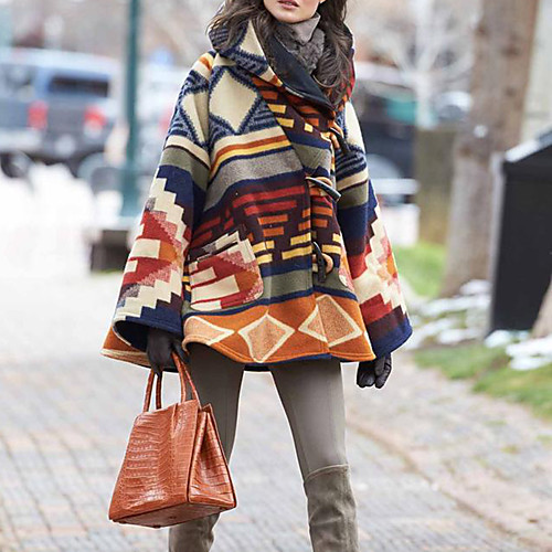

Women's Color Block Print Basic Fall & Winter Coat Long Daily Long Sleeve Cotton Coat Tops Rainbow