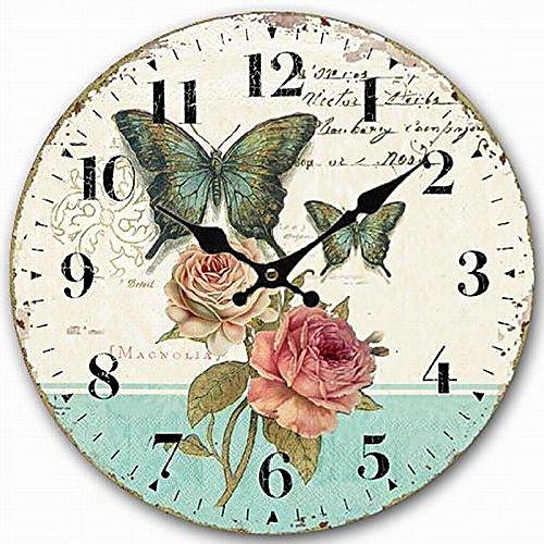 

wooden wall clock green butterfly rose flower clock retro vintage large clock home decorative country non -ticking silent quiet 14 inch gift 35cm35cm