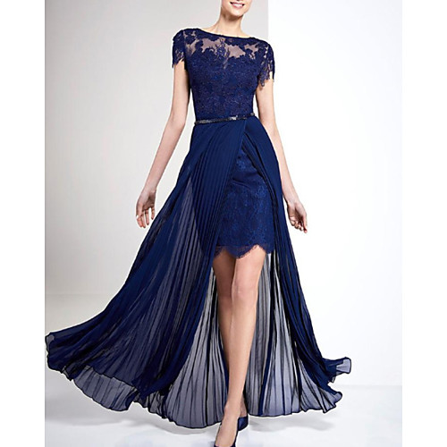 

A-Line Beautiful Back Sexy Wedding Guest Formal Evening Dress Illusion Neck Short Sleeve Floor Length Chiffon with Sash / Ribbon Pleats Overskirt 2021