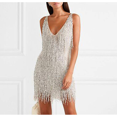 

Women's Sheath Dress Short Mini Dress - Sleeveless Solid Colored Backless Tassel Fringe Glitter Deep V Elegant Sexy Cocktail Party New Year Going out Silver S M L XL XXL