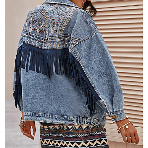 

Women's Solid Colored Tassel Fringe Basic Spring & Fall Denim Jacket Regular Daily Long Sleeve Denim Coat Tops Blue