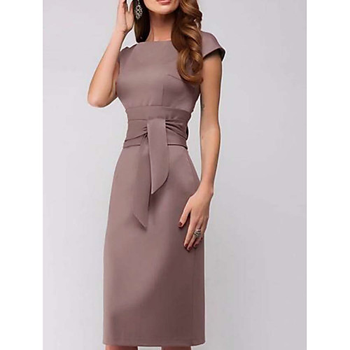 

A-Line Elegant Holiday Cocktail Party Dress Jewel Neck Short Sleeve Knee Length Satin with Sash / Ribbon 2021