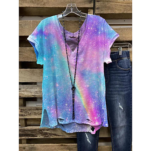 

Women's T shirt Tie Dye Print Round Neck Tops Basic Basic Top Blue Yellow Fuchsia