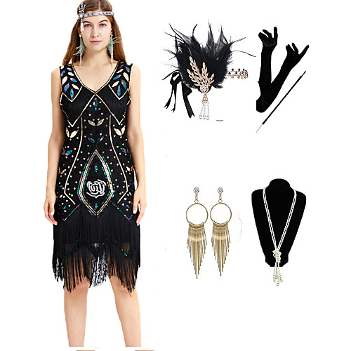 

The Great Gatsby 1920s Vintage Vacation Dress Flapper Dress Outfits Masquerade Prom Dress Women's Tassel Fringe Costume Black / Blue Vintage Cosplay Party Prom / Gloves / Headwear / Necklace