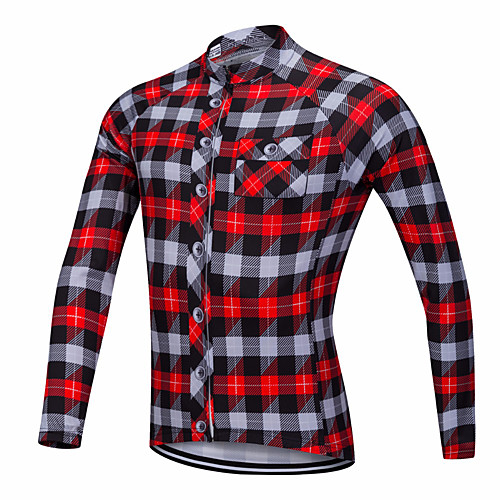 

21Grams Men's Long Sleeve Cycling Jersey Winter Red Blue Plaid Checkered Bike Jersey Top Mountain Bike MTB Road Bike Cycling UV Resistant Breathable Quick Dry Sports Clothing Apparel / Stretchy