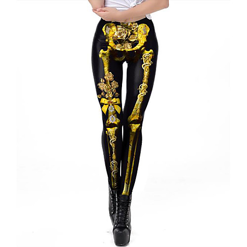 

Women's Exaggerated Breathable Slim Halloween Leggings Pants 3D Flower / Floral Skull Full Length Print High Waist Black