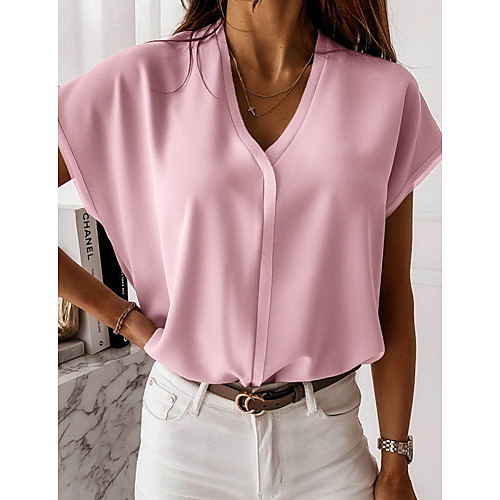 

Women's Blouse Shirt Solid Colored V Neck Tops Loose Basic Top Blushing Pink