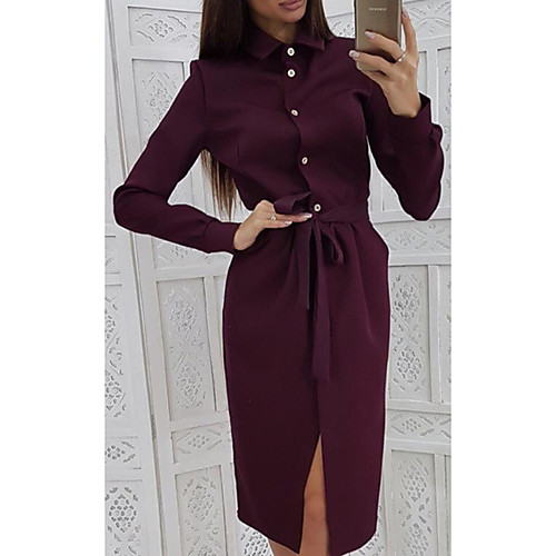

Women's A Line Dress Knee Length Dress Purple Yellow Green Long Sleeve Solid Color Patchwork Winter Shirt Collar Casual 2021 S M L XL XXL