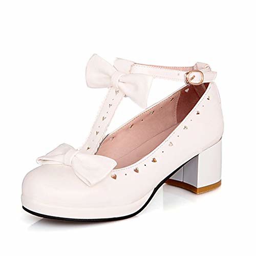 

woman's low heel vintage lolita shoes cute bowknot mary jane shoes white 4