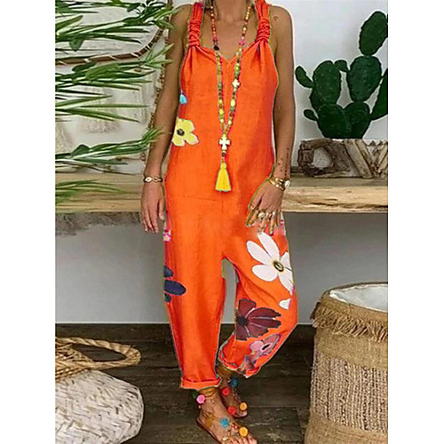 

Women's Basic Black Blue Red Loose Romper Floral Color Block Print