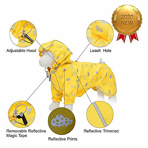 

2020 new 20 reflective cloud prints lightweight waterproof dog raincoat with hood & harness hole, sunflower yellow, outdoor rain gear jacket 2 legs for large dogs