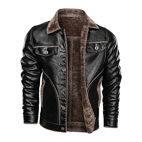 

Men's Solid Colored Basic Spring & Fall Faux Leather Jacket Regular Daily Long Sleeve Faux Leather Coat Tops Black