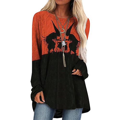 

Women's Halloween T-shirt Graphic Prints Long Sleeve Print Round Neck Tops Loose Basic Halloween Basic Top Orange Green