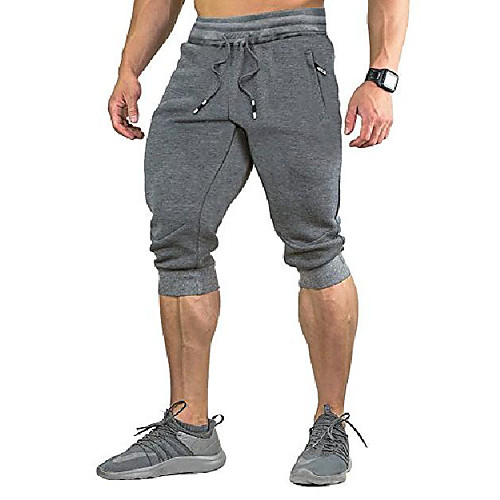 

mens cotton casual shorts gym 3/4 jogger capri pants long short gray