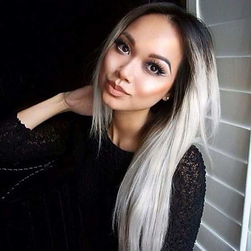 

Synthetic Wig Natural Straight Middle Part Wig Very Long Silver grey Synthetic Hair 28 inch Women's Party Classic Wedding Silver Dark Gray
