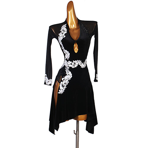 

Latin Dance Dress Appliques Crystals / Rhinestones Women's Performance Long Sleeve Spandex Social Dancing Dress Waltz Tango Costumes Outfits Male Dancewear Black XXL 2021