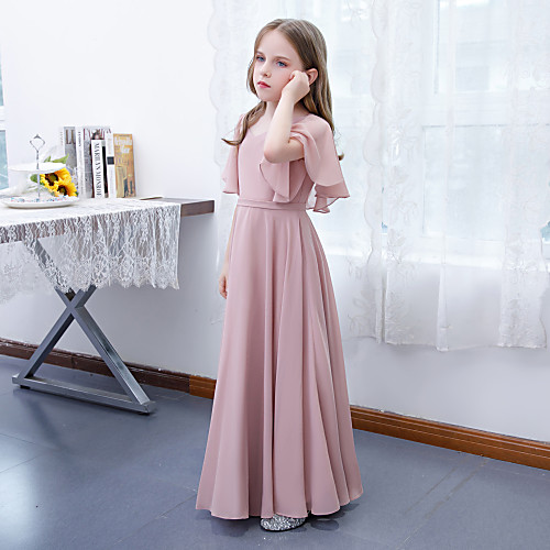 

A-Line Jewel Neck Floor Length Chiffon Junior Bridesmaid Dress with Ruffles